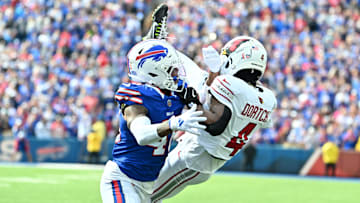 Sep 8, 2024; Orchard Park, New York, USA; Buffalo Bills cornerback Ja'Marcus Ingram (46) breaks up a pass intended for Arizona Cardinals wide receiver Greg Dortch (4) on fourth down to effectively end the game at Highmark Stadium. Mandatory Credit: Mark Konezny-Imagn Images
