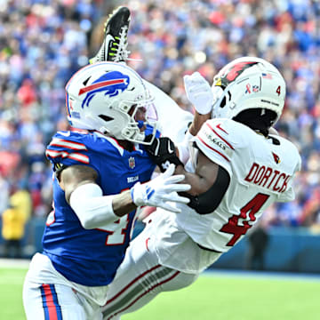 Sep 8, 2024; Orchard Park, New York, USA; Buffalo Bills cornerback Ja'Marcus Ingram (46) breaks up a pass intended for Arizona Cardinals wide receiver Greg Dortch (4) on fourth down to effectively end the game at Highmark Stadium. Mandatory Credit: Mark Konezny-Imagn Images