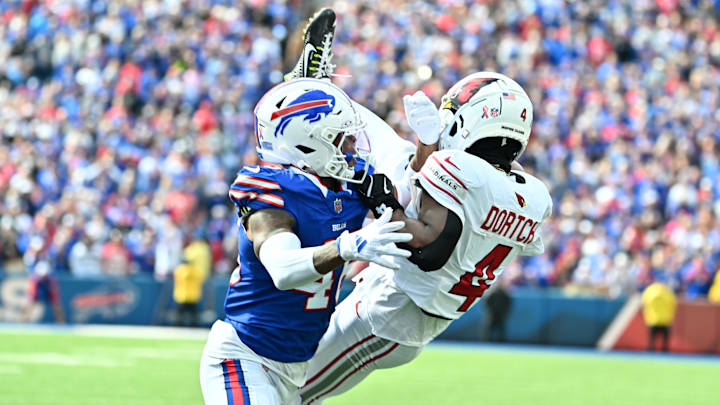 Sep 8, 2024; Orchard Park, New York, USA; Buffalo Bills cornerback Ja'Marcus Ingram (46) breaks up a pass intended for Arizona Cardinals wide receiver Greg Dortch (4) on fourth down to effectively end the game at Highmark Stadium. Mandatory Credit: Mark Konezny-Imagn Images