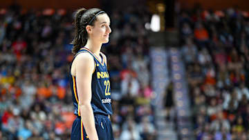 Sep 22, 2024; Uncasville, Connecticut, USA; Indiana Fever guard Caitlin Clark (22) during the game against Indiana Fever during game one of the first round of the 2024 WNBA Playoffs at Mohegan Sun Arena. Mandatory Credit: Mark Smith-Imagn Images