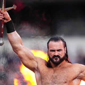 Apr 2, 2023; Inglewood, CA, USA; Drew McIntyre during Wrestlemania Night 2 at SoFi Stadium. Mandatory Credit: Joe Camporeale-USA TODAY Sports