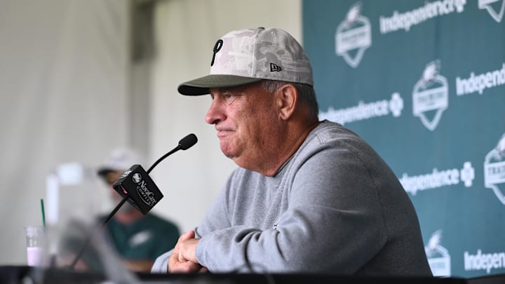 Jul 24, 2025; Philadelphia, PA, USA; Philadelphia Eagles defensive coordinator Vic Fangio addresses media during training camp at NovaCare Complex. Mandatory Credit: Kyle Ross-Imagn Images