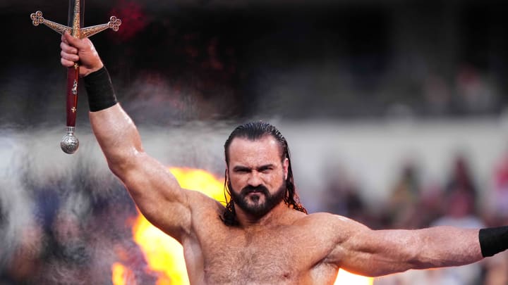 Apr 2, 2023; Inglewood, CA, USA; Drew McIntyre during Wrestlemania Night 2 at SoFi Stadium. Mandatory Credit: Joe Camporeale-USA TODAY Sports