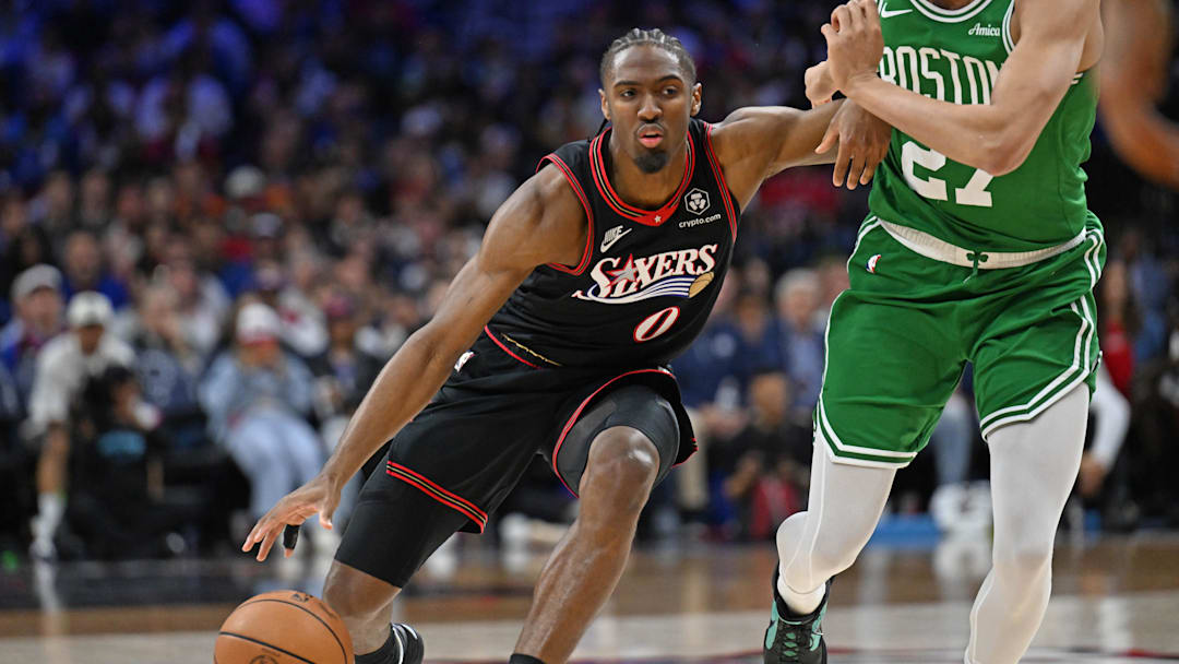 Apr 24, 2026; Philadelphia, Pennsylvania, USA; Philadelphia 76ers guard Tyrese Maxey (0) drives against Boston Celtics guard Jordan Walsh (27) during the second half at Xfinity Mobile Arena. Mandatory Credit: Eric Hartline-Imagn Images