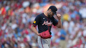 Aug 30, 2025; Philadelphia, Pennsylvania, USA; Atlanta Braves starting pitcher Chris Sale (51) leaves the field against the Philadelphia Phillies in the second inning at Citizens Bank Park. Mandatory Credit: Kyle Ross-Imagn Images