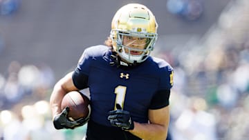 Notre Dame wide receiver Jaden Greathouse warms up during the Notre Dame Blue-Gold spring football game at Notre Dame Stadium on Saturday, April 12, 2025, in South Bend.