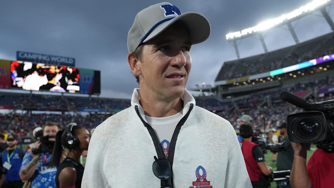 Feb 2, 2025; Orlando, FL, USA; NFC coach Eli Manning reacts after the 2025 Pro Bowl Games at Camping World Stadium. Mandatory Credit: Kirby Lee-Imagn Images