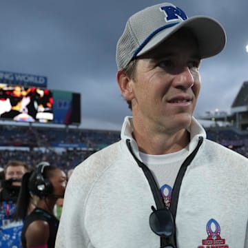 Feb 2, 2025; Orlando, FL, USA; NFC coach Eli Manning reacts after the 2025 Pro Bowl Games at Camping World Stadium. Mandatory Credit: Kirby Lee-Imagn Images