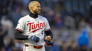 Minnesota Twins shortstop Carlos Correa reacts after an at bat in the fourth inning against the New York Mets at Target Field in Minneapolis on April 14, 2025.