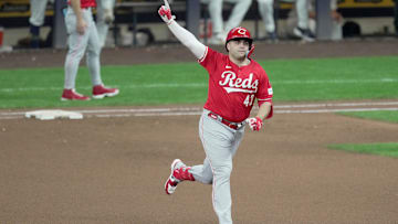 Cincinnati Reds third baseman Sal Stewart (43) watches his solo home run during the sixth inning of their game against the Milwaukee Brewers Saturday, September 27, 2025 at American Family Field in Milwaukee, Wisconsin.