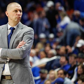 Mar 1, 2025; Lexington, Kentucky, USA; Kentucky Wildcats head coach Mark Pope looks to his bench during the first half against the Auburn Tigers at Rupp Arena at Central Bank Center. Mandatory Credit: Jordan Prather-Imagn Images