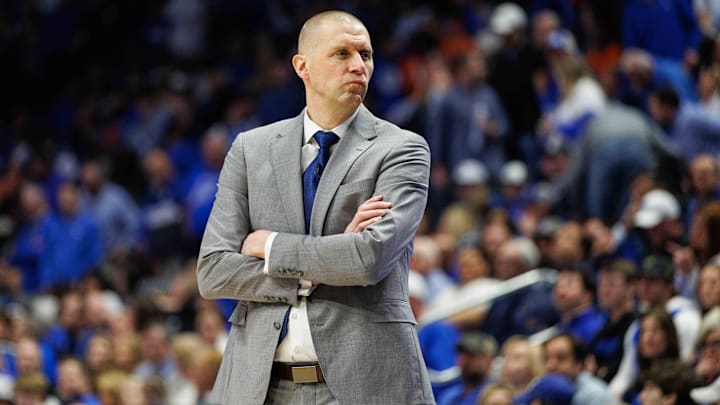 Mar 1, 2025; Lexington, Kentucky, USA; Kentucky Wildcats head coach Mark Pope looks to his bench during the first half against the Auburn Tigers at Rupp Arena at Central Bank Center. Mandatory Credit: Jordan Prather-Imagn Images Mar 1, 2025; Lexington, Kentucky, USA; Kentucky Wildcats head coach Mark Pope looks to his bench during the first half against the Auburn Tigers at Rupp Arena at Central Bank Center. Mandatory Credit: Jordan Prather-Imagn Images