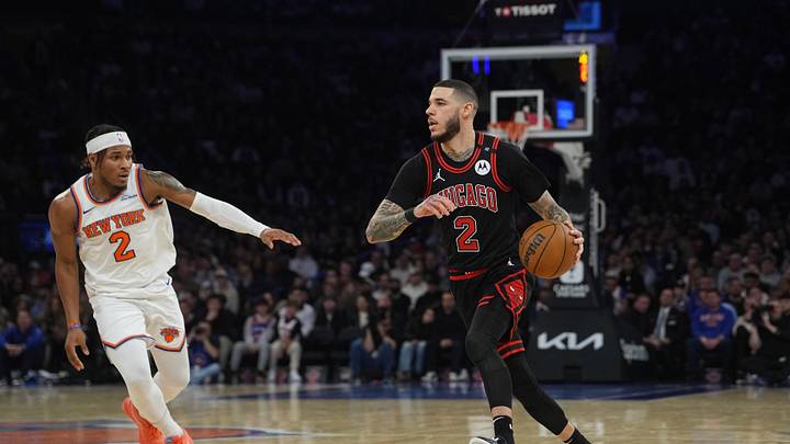 Feb 20, 2025; New York, New York, USA; Chicago Bulls point guard Lonzo Ball (2) dribbles the ball