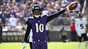Oct 5, 2025; Baltimore, Maryland, USA; Baltimore Ravens wide receiver Deandre Hopkins (10) reacts after a run during the first quarter against the Houston Texans at M&T Bank Stadium. Mandatory Credit: Rafael Suanes-Imagn Images