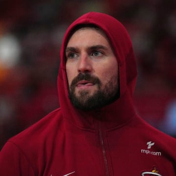 Apr 14, 2024; Miami, Florida, USA; Miami Heat forward Kevin Love (42) warms-up up before the start of the game against the Toronto Raptors at Kaseya Center. Mandatory Credit: Jim Rassol-USA TODAY Sports