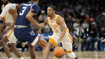 Mar 21, 2024; Charlotte, NC, USA; Tennessee Volunteers guard Zakai Zeigler (5) looks for an opening