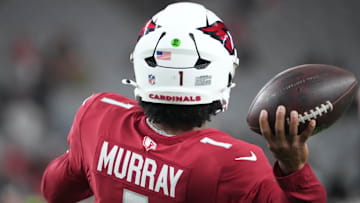 Aug 23, 2025; Glendale, Arizona, USA; Arizona Cardinals quarterback Kyler Murray (1) warms up before the game against the Las Vegas Raiders at State Farm Stadium. Mandatory Credit: Joe Camporeale-Imagn Images