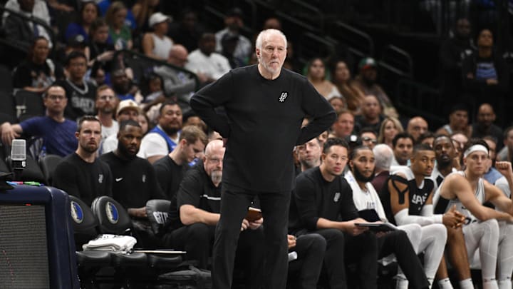 Oct 24, 2024; Dallas, Texas, USA; San Antonio Spurs head coach Gregg Popovich during the game between the Dallas Mavericks and the San Antonio Spurs at the American Airlines Center. Mandatory Credit: Jerome Miron-Imagn Images