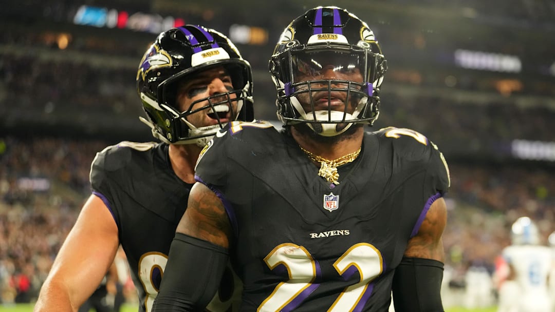 Baltimore Ravens running back Derrick Henry reacts after rushing for a touchdown against the Detroit Lions during the first half at M&T Bank Stadium.