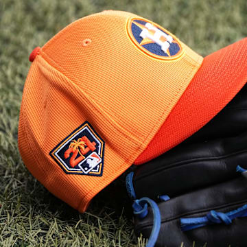 Detail photo of Houston Astros spring training cap. during workouts at spring training. 