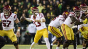 Nov 11, 2023; Eugene, Oregon, USA; USC Trojans quarterback Caleb Williams (13) throws a pass during
