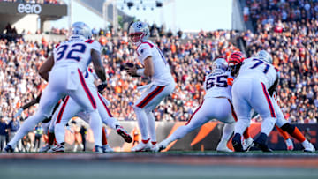 New England Patriots quarterback Drake Maye (10) drops back with the ball in the second quarter of the NFL Week 12 game between the Cincinnati Bengals and the New England Patriots at Paycor Stadium in downtown Cincinnati on Sunday, Nov. 23, 2025.