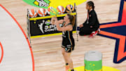 New York Liberty's Sabrina Ionescu (20) competes Friday, July 18, 2025, during the WNBA All-Star 3-point contest at Gainbridge Fieldhouse in Indianapolis.