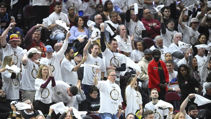 May 11, 2024; Cleveland, Ohio, USA; Fans cheer during a game between the Cleveland Cavaliers and the Boston Celtics in the fourth quarter of game three of the second round of the 2024 NBA playoffs at Rocket Mortgage FieldHouse. Mandatory Credit: David Richard-USA TODAY Sports