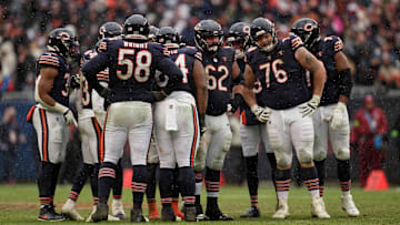 Dec 31, 2023; Chicago, Illinois, USA;  The Chicago Bears huddle up during a game against the Atlanta Falcons at Soldier Field. Mandatory Credit: Jamie Sabau-Imagn Images
