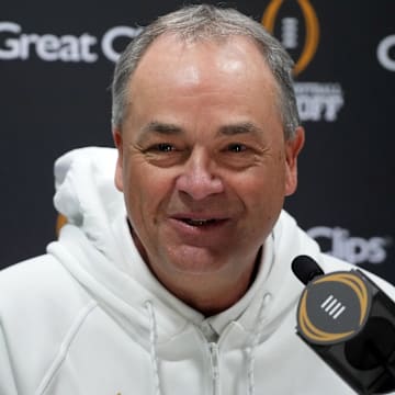 Jan 18, 2025; Atlanta, GA, USA; Notre Dame Fighting Irish offensive coordinator Mike Denbrock talks to the media during 2025 CFP National Championship Media Day at Georgia World Congress Center, Building A. Mandatory Credit: Kirby Lee-Imagn Images
