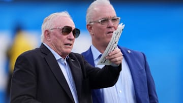 Dallas Cowboys owner Jerry Jones (left) and chief executive vice president Stephen Jones react before the game against the Los Angeles Chargers at SoFi Stadium.