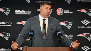 Jan 13, 2025; Foxborough, MA, USA; Mike Vrabel addresses media at a press conference to announce his hiring as the head coach of the New England Patriots at Gillette Stadium. Mandatory Credit: Eric Canha-Imagn Images