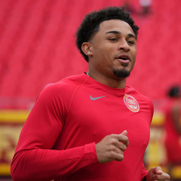 Aug 22, 2024; Kansas City, Missouri, USA; Kansas City Chiefs cornerback Trent McDuffie (22) warms up against the Chicago Bears prior to a game at GEHA Field at Arrowhead Stadium. Mandatory Credit: Denny Medley-USA TODAY Sports