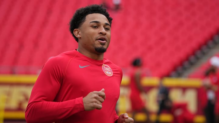 Aug 22, 2024; Kansas City, Missouri, USA; Kansas City Chiefs cornerback Trent McDuffie (22) warms up against the Chicago Bears prior to a game at GEHA Field at Arrowhead Stadium. Mandatory Credit: Denny Medley-USA TODAY Sports