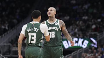 Oct 22, 2025; Milwaukee, Wisconsin, USA; Milwaukee Bucks guard Ryan Rollins (13) and Milwaukee Bucks forward Kyle Kuzma (18) celebrate a made basket against the Washington Wizards in the first half at Fiserv Forum. Mandatory Credit: Michael McLoone-Imagn Images