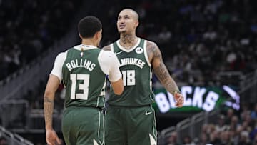 Milwaukee Bucks guard Ryan Rollins and Milwaukee Bucks forward Kyle Kuzma celebrate a made basket against the Washington Wizards in the first half at Fiserv Forum on October 22.