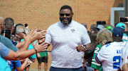 Aug 5, 2023; Canton, OH, USA;  Orlando Pace arrives on the red carpet for the 2023 Pro Football Hall of Fame Enshrinement at Tom Benson Hall of Fame Stadium. Mandatory Credit: Kirby Lee-Imagn Images