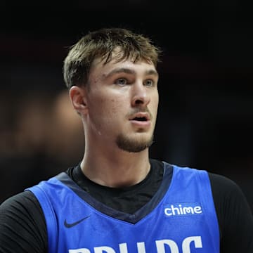 Jul 12, 2025; Las Vegas, NV, USA; Dallas Mavericks forward Cooper Flagg (32) looks on against the San Antonio Spurs in the second quarter of their game at Thomas & Mack Center. Mandatory Credit: Candice Ward-Imagn Images