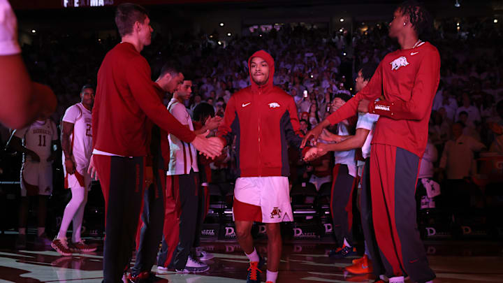 Jan 31, 2026; Fayetteville, Arkansas, USA; Arkansas Razorbacks guard Darius Acuff Jr (5) is introduced prior to the game against the Kentucky Wildcats at Bud Walton Arena. Kentucky won 85-77. Mandatory Credit: Nelson Chenault-Imagn Images