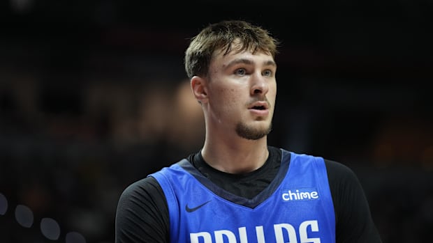 Dallas Mavericks striker, Cooper Flagg (32), looks against the San Antonio Spurs in the second quarter of their match in Thom