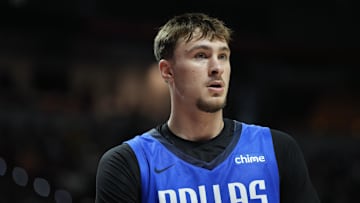 Jul 12, 2025; Las Vegas, NV, USA; Dallas Mavericks forward Cooper Flagg (32) looks on against the San Antonio Spurs in the second quarter of their game at Thomas & Mack Center. Mandatory Credit: Candice Ward-Imagn Images