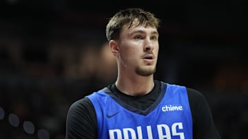 Dallas Mavericks forward Cooper Flagg looks on against the San Antonio Spurs.