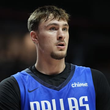 Jul 12, 2025; Las Vegas, NV, USA; Dallas Mavericks forward Cooper Flagg (32) looks on against the San Antonio Spurs in the second quarter of their game at Thomas & Mack Center. Mandatory Credit: Candice Ward-Imagn Images