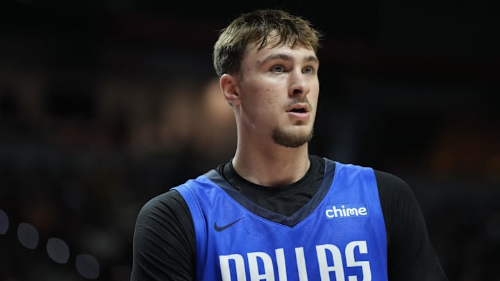 Jul 12, 2025; Las Vegas, NV, USA; Dallas Mavericks forward Cooper Flagg (32) looks on against the San Antonio Spurs in the second quarter of their game at Thomas & Mack Center.