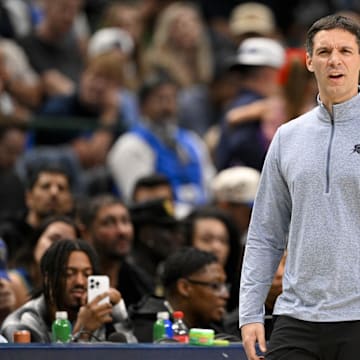 Oct 27, 2025; Dallas, Texas, USA; Oklahoma City Thunder head coach Mark Daigneault looks on during the second half against the Dallas Mavericks at the American Airlines Center. Mandatory Credit: Jerome Miron-Imagn Images