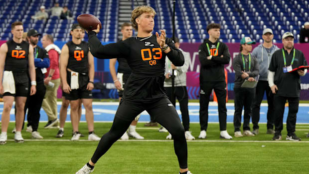 Mississippi quarterback Jaxson Dart (QB03) during the 2025 NFL Combine at Lucas Oil Stadium. 