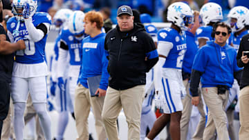 Nov 16, 2024; Lexington, Kentucky, USA; Kentucky Wildcats head coach Mark Stoops looks on before the game against the Murray State Racers at Kroger Field. Mandatory Credit: Jordan Prather-Imagn Images
