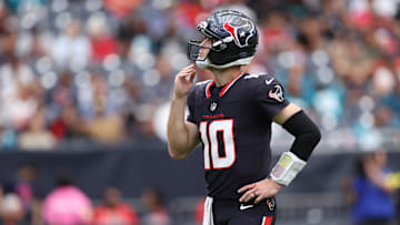 Nov 9, 2025; Houston, Texas, USA; Houston Texans quarterback Davis Mills (10) reacts after a delay of game penalty during the first half of a game against the Jacksonville Jaguars at NRG Stadium. Mandatory Credit: Troy Taormina-Imagn Images