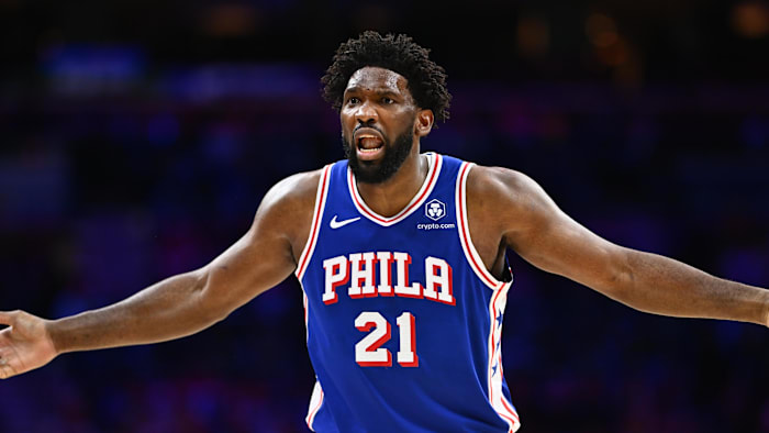 Nov 8, 2023; Philadelphia, Pennsylvania, USA; Philadelphia 76ers center Joel Embiid (21) reacts