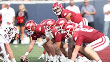 Sep 6, 2025; Little Rock, Arkansas, USA; Arkansas Razorbacks quarterback Taylen Green (10) at the line during the first quarter against the Arkansas State Red Wolves at War Memorial Stadium. Mandatory Credit: Nelson Chenault-Imagn Images